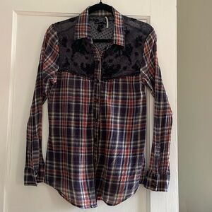 Free People plaid western button down shirt with lace yoke medium